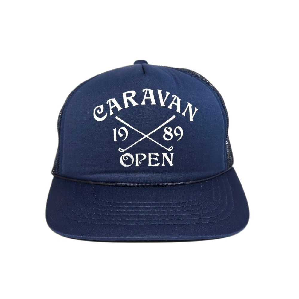 Vintage YA 1989 Caravan Open Trucker Hat | Golf Snapback Cap | Navy Blue